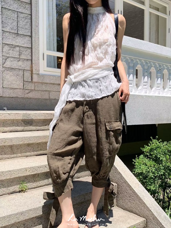 皺皺蕾絲削肩背心(附腰帶)